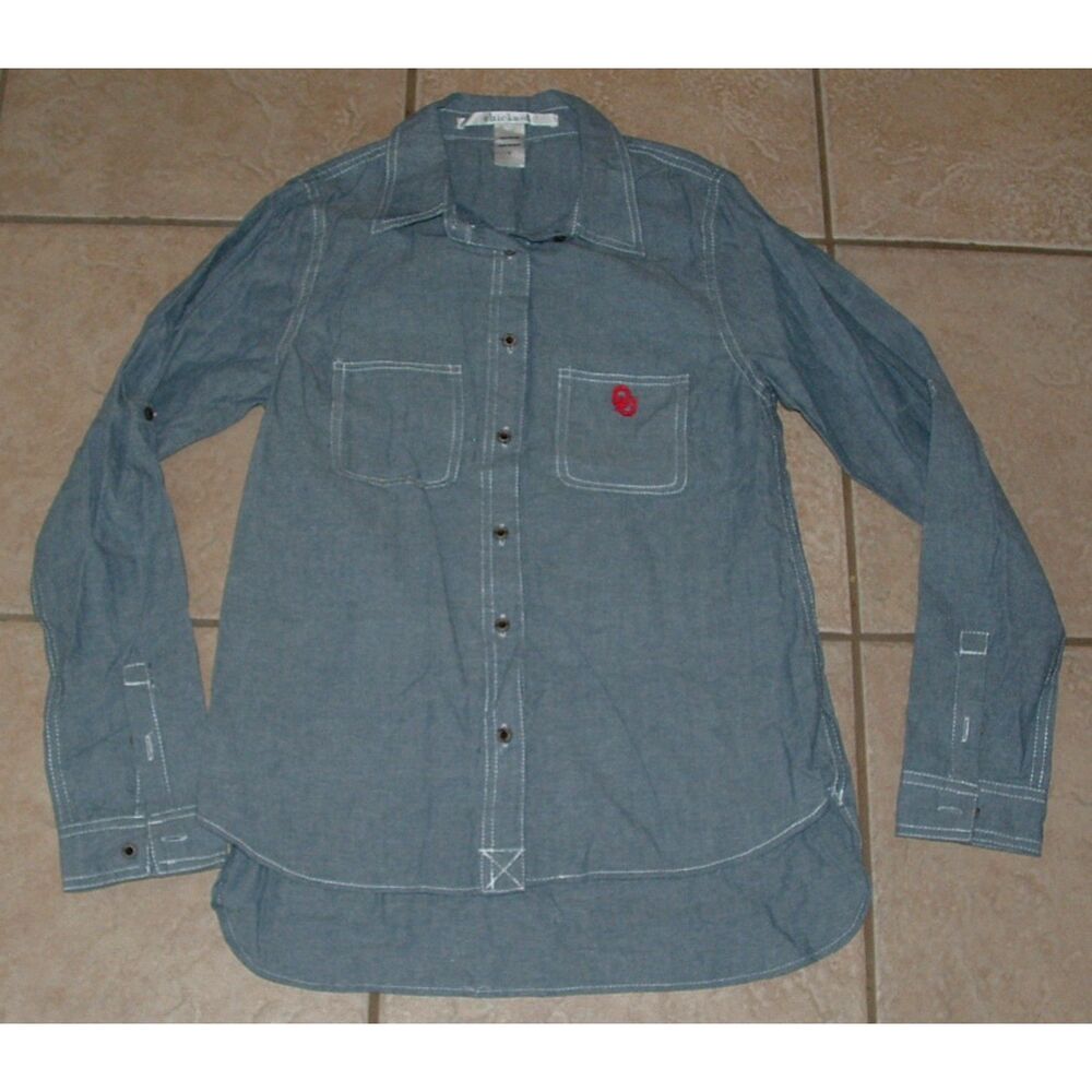 CHICKA-D Blue Chambray Sz Small OU OKLAHOMA SOONERS High Low Button Up Shirt